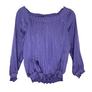 Alfani Blouse Womens 4 Purple Smocked Off Shoulder Satin Shimmer Long Sleeve‎